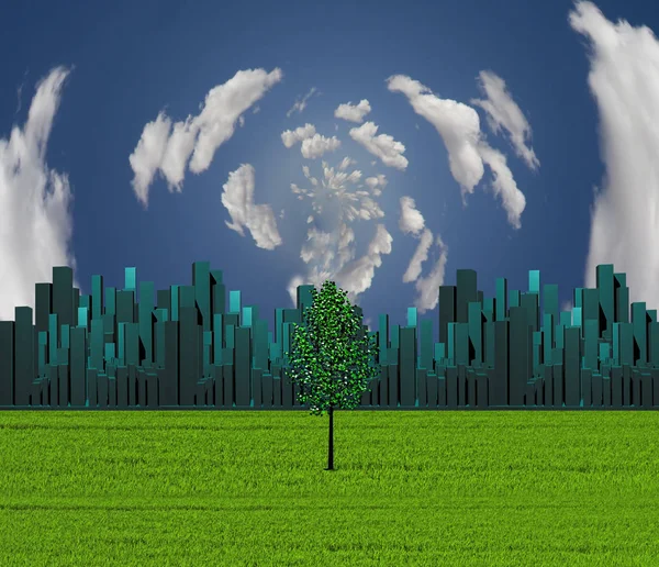 Grüner Baum Auf Dem Feld Stadt Horizont — Stockfoto