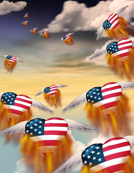 アメリカの国旗の色が空に飛ぶ炎のような心の翼 — ストック写真