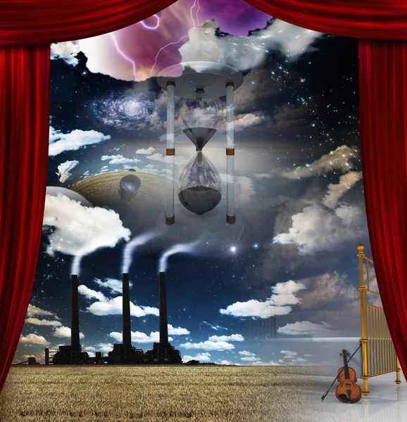 Surreal Composition Factory Field Hourglass Violin Human Thoughts — Stock Photo, Image