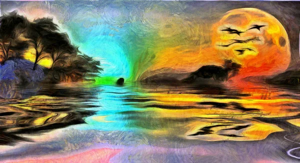 Beautiful Sunset Forest Lake Rendering — Stock Photo, Image