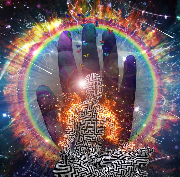 Galaxie Und Feuerring Mann Mit Labyrinth Muster Lotuspose Darstellung — Stockfoto