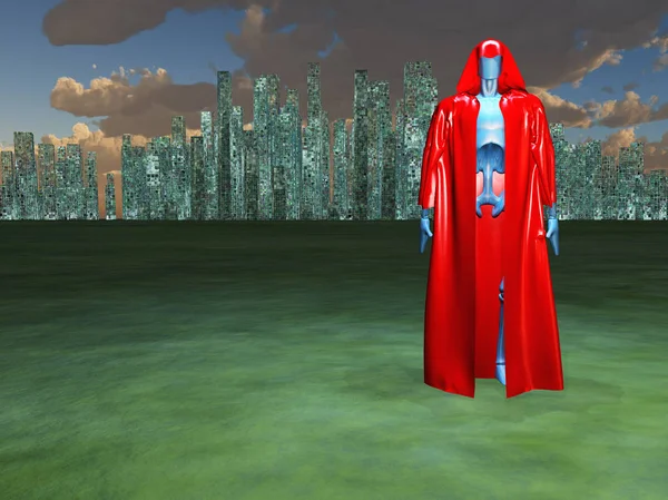 Droid Czerwony Płaszcz Przed Wielkiego Miasta — Zdjęcie stockowe