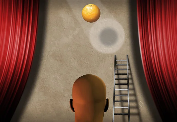 Surrealism Skallig Man Står Scen Med Stege Och Orange Frukt — Stockfoto