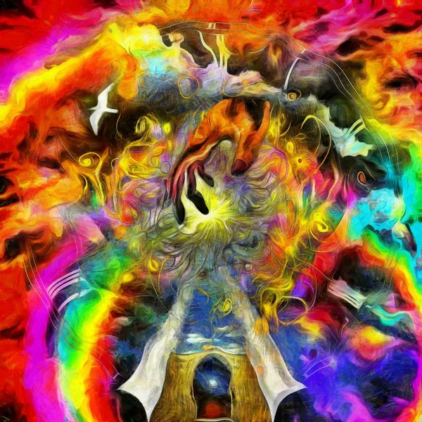 Сюрреалистичная Картина Рука Божья Красочном Небе Человек Галактикой Внутри Головы — стоковое фото