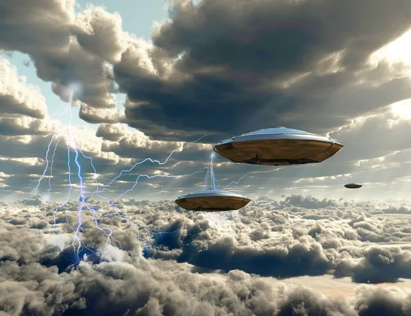 Flying Spacecrafts Cloudy Sky — Stock Photo, Image