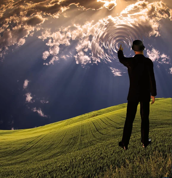 Man Touches Sky Landscape Creting Ripples Scene — Stock Photo, Image