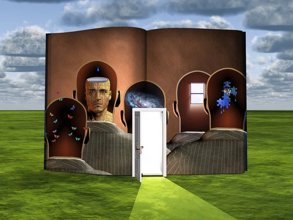 Surrealism Book Opened Door Thoughts Men Heads — Stock Photo, Image