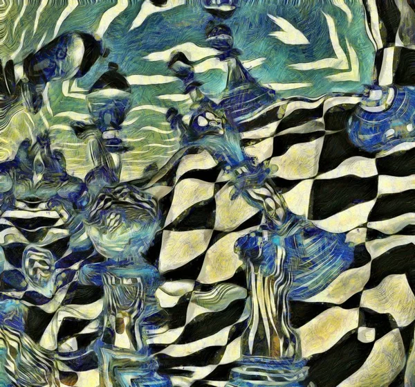 Surreale Ölmalerei Schachfiguren Und Brett — Stockfoto
