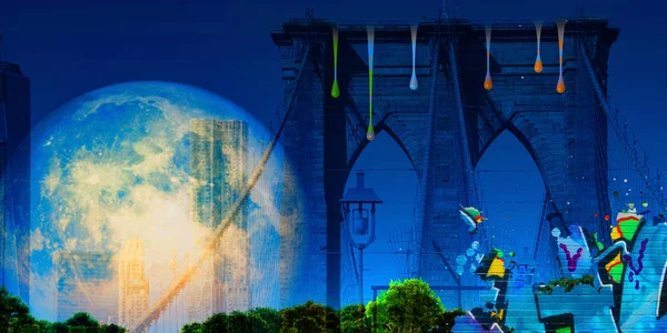 Modern Művészet Brooklyn Híd Óriási Hold Égen — Stock Fotó