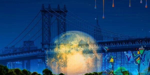 Surrealistyczna Sztuka Cyfrowa Most Manhattanowy Nowojorskim Krajobrazie Wielki Księżyc Kawałki — Zdjęcie stockowe