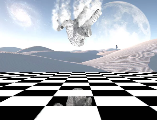 Surrealismus Šachovnici Osamělý Muž Dálku Bílé Písečné Duny Obrovský Měsíc — Stock fotografie