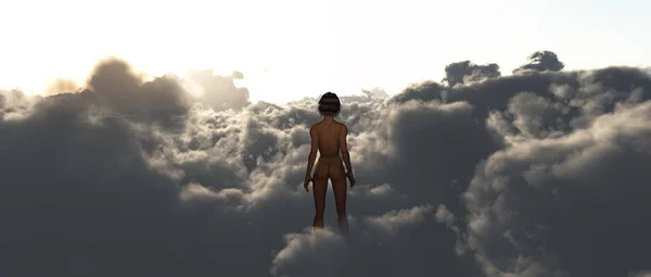 Nackte Frau Auf Wolken Darstellung — Stockfoto