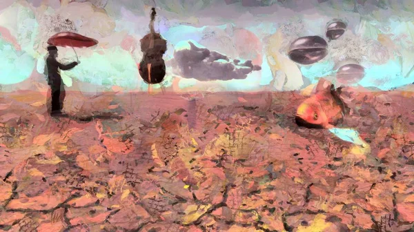 超现实的绘画 拿着红色雨伞的人站在沙漠中 高音低音和金鱼 水滴在空中盘旋 3D渲染 — 图库照片