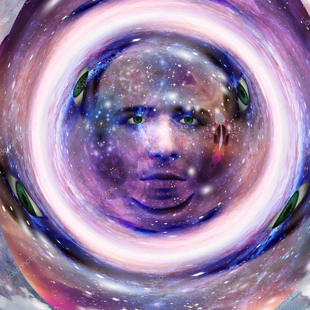 Surreal digital art. Mans head with stars and clouds. Abstract background.