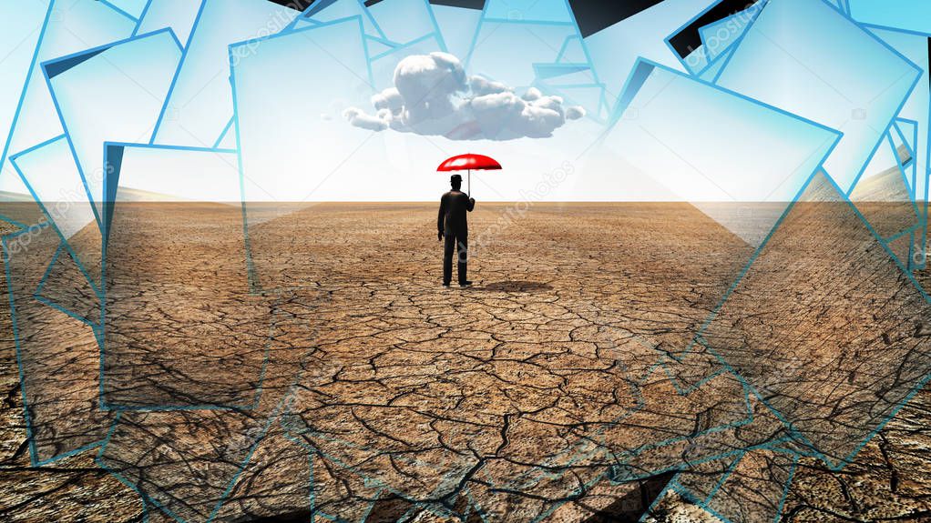Man in desert with red umbrella and single cloud