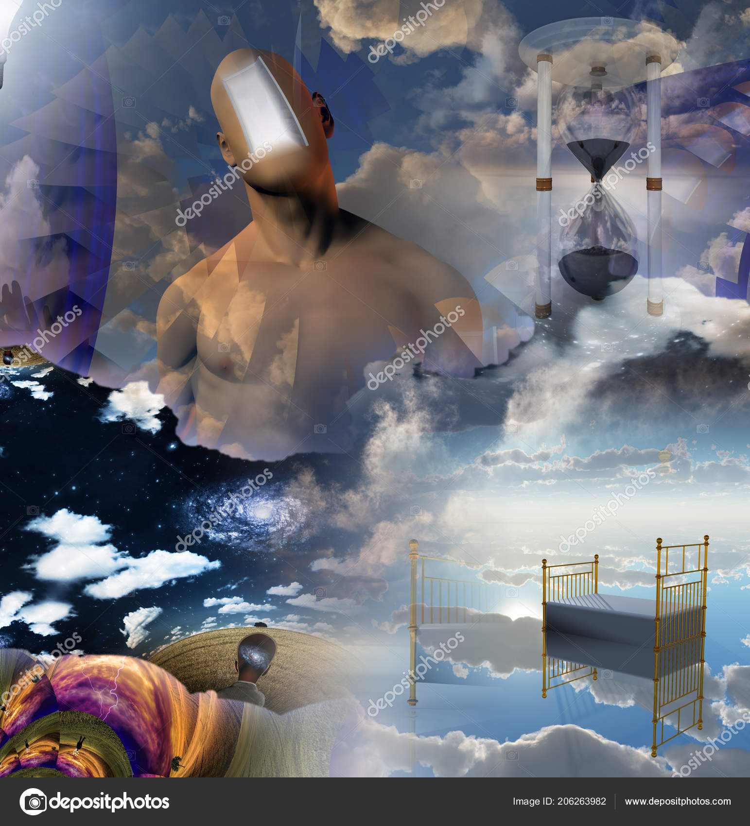 Door Mind Surreal Scene Bed Hourglass Sky Man Door Head Stock