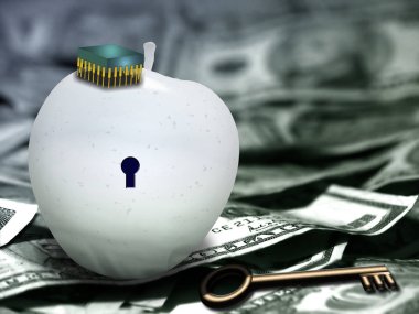 Beyaz elma ile miniyonga, anahtar deliği ve anahtar. Bize dolar.