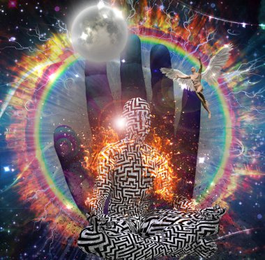 Galaxy ve Yangın ring. Lotus labirent desen adamla poz. 3D render