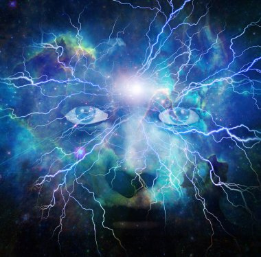 Sürrealizm. Canlı evrende bir kadının yüzü. NASA 'nın sağladığı bazı unsurlar.