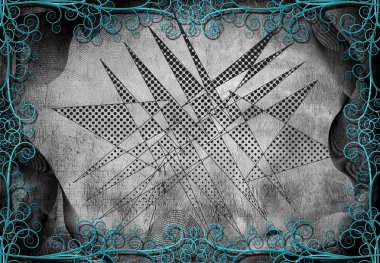 Soyut üçgen şekiller ve arka ışık ve kıvırcık çerçeve parlak ışınları. Sessiz renkler. 3D render