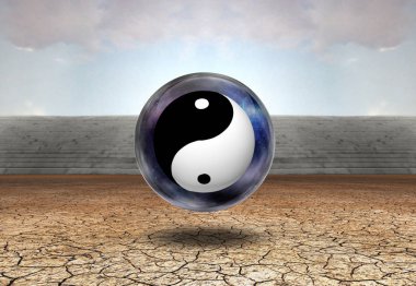 Gerçeküstü dijital sanat. Yin-Yang uzay-balon içinde. Kurak arazi. 3D render.
