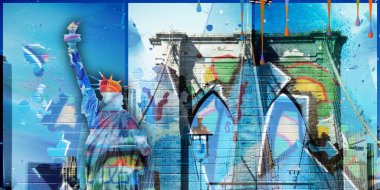 Gerçeküstü dijital sanat. Brooklyn Köprüsü ve New York'un cityscape üzerinde özgürlük heykeli. Grafiti ve boya parçalar bırakır. 3D render.