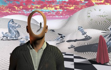 Surreal desert with chess figures. Faceless man in suit. Figure of man in a distance. Red clouds. Figure of man in hijab. clipart