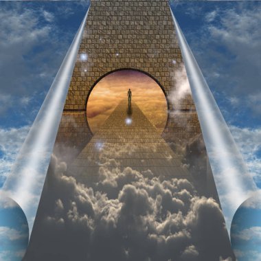 Sky splits open showing man on spiritual journey clipart