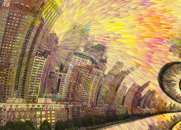 New York Skyline Warped Space Rendering — Stock Photo, Image