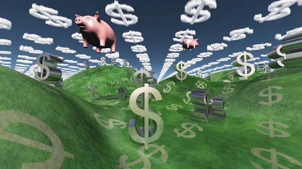 Money Success Fantasy Landscape Floating Pigs — Stock Photo, Image