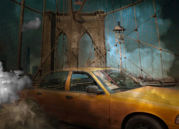 Taxi Auf Der Brücke Von Brooklyn — Stockfoto