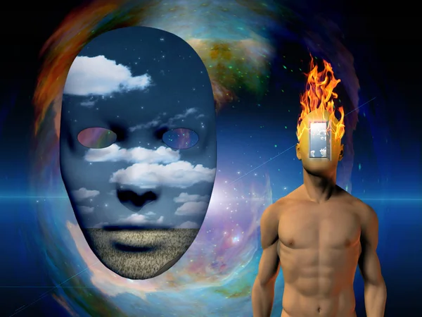 Surreal Painting Naked Man Burning Head Opened Door Instead His — Stock Photo, Image