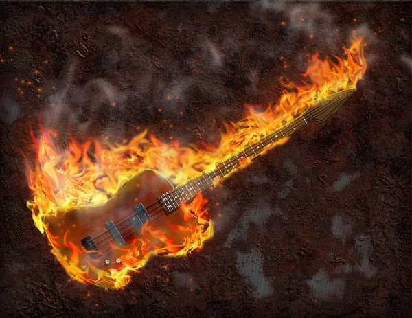 Flaming Baixo Guitarra Contra Fundo Metal Enferrujado — Fotografia de Stock