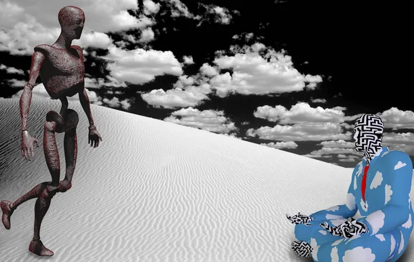 Surrealism Rusted Robot Figure Man Lotus Pose White Desert — Stock Photo, Image