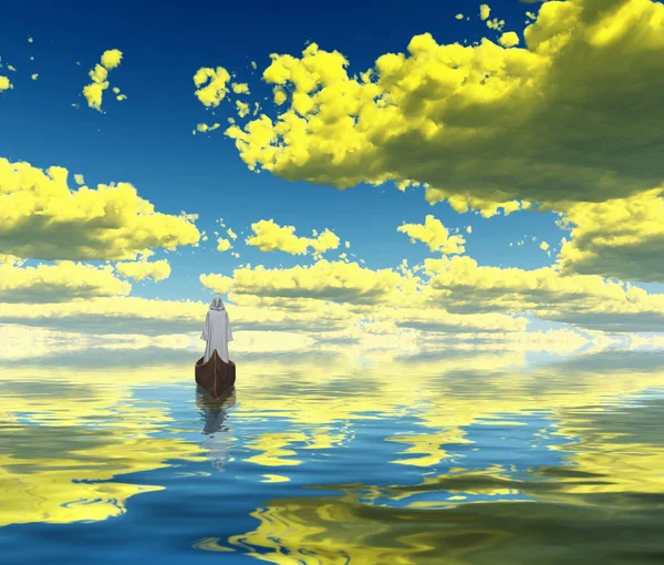 Figure White Cloak Boat Yellow Clouds Reflected Water — Stock Photo, Image