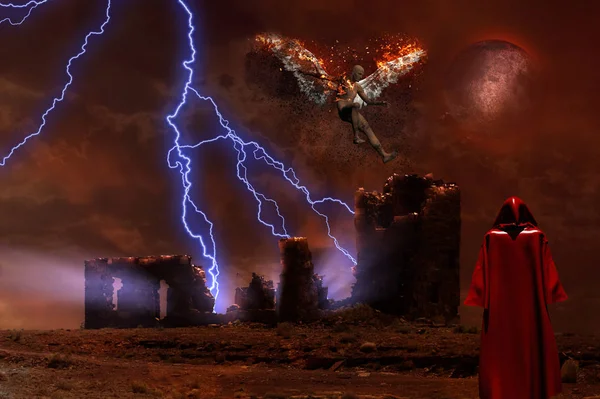 Surreal Digital Art Lightning Strikes Spooky Ruins Figure Man Red — Stock Photo, Image