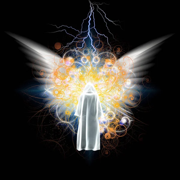 現実的なデジタル アート 天使の翼を持つ明るい光の前に白いマントの図します レンダリング — ストック写真