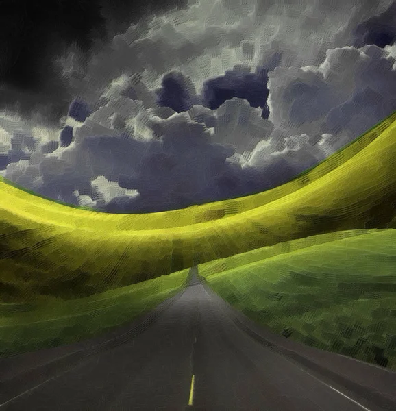 デジタル絵画を抽象化します グリーン フィールドのアスファルト道路 — ストック写真