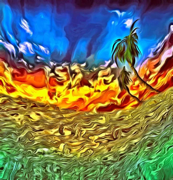 Een Surrealistisch Schilderij Uitzicht Vanaf Het Water Naar Palmbomen Penseelstreken — Stockfoto