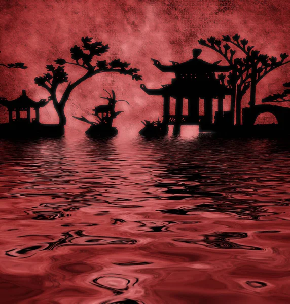 Red Textured Asia Landscape Silhouettes Rendering — Stock Photo, Image
