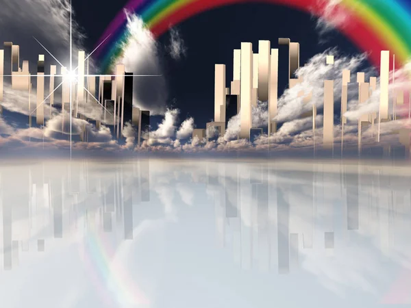 天上的未来城市云 天空中的彩虹 — 图库照片