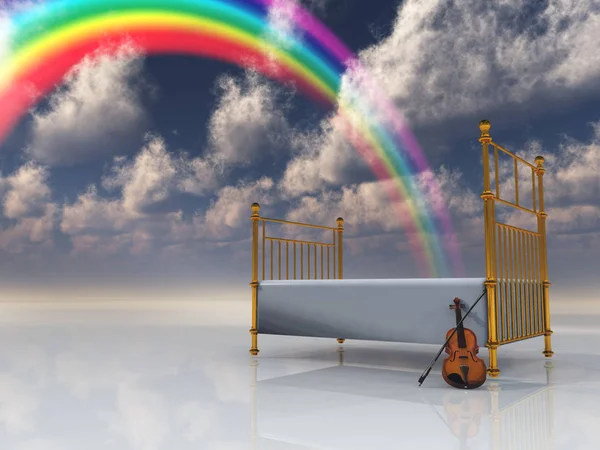ヴァイオリンとシュールなシーンで虹ベッドします — ストック写真