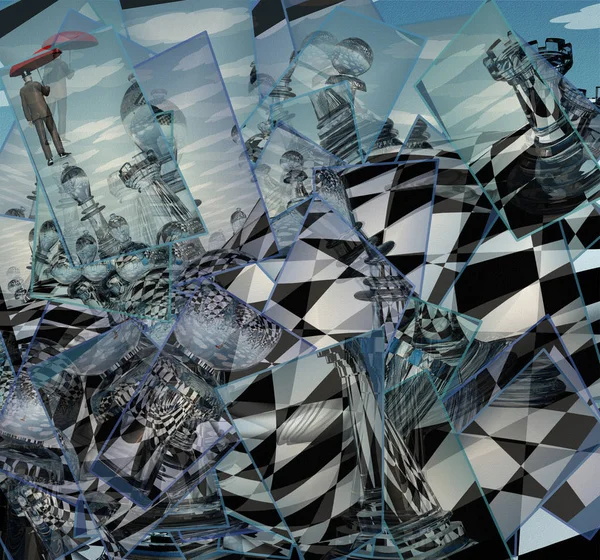 Сюрреалістичний Шаховий Пейзаж Чоловік Летить Червоною Парасолькою Візуалізація — стокове фото