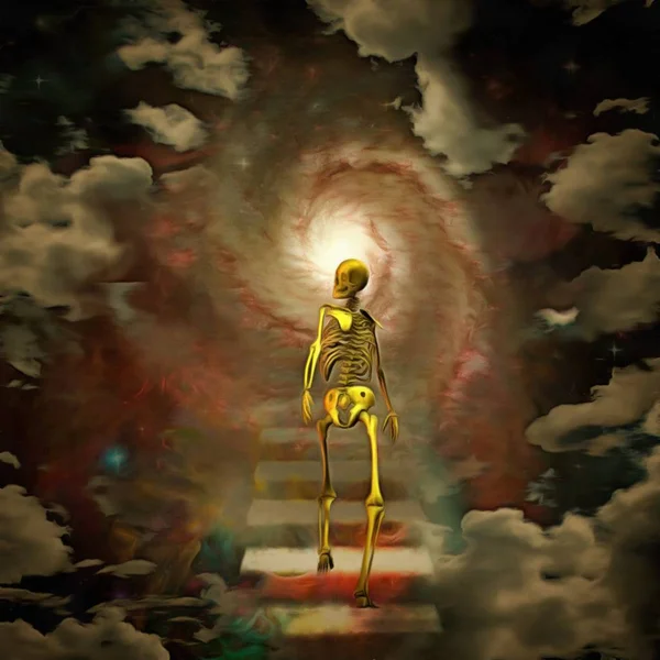 Сюрреалистичная Картина Скелет Идет Яркому Свету Облака Заднем Плане — стоковое фото