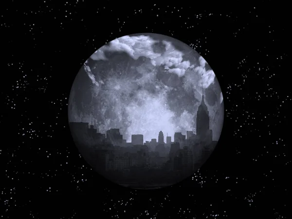 Rendering Full Moon Night City — Stock Photo, Image