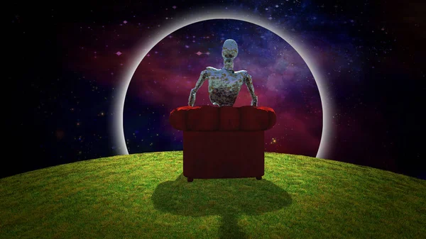 超现实的构图锈迹斑斑的外星人坐在红色扶手椅和观察者生动的宇宙中 3D渲染 — 图库照片