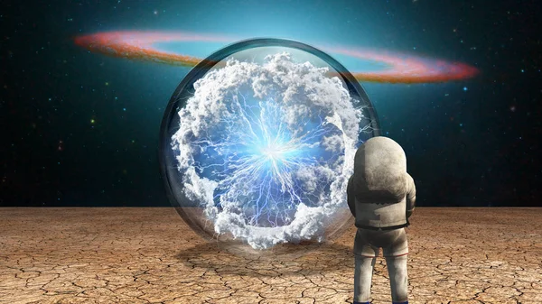 Surrealism Astronaut Stands Arid Land Crystal Ball Electricity Charge Clouds — Stock Photo, Image
