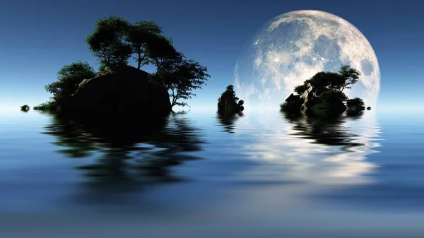 Piccole Isole Con Alberi Verdi Sorge Luna Grande Rendering — Foto Stock