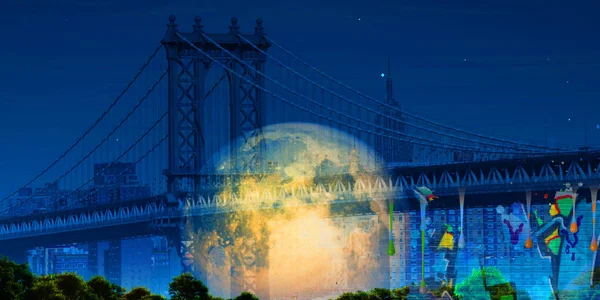 Surreal Digital Art Manhattan Bridge New York Cityscape Giant Moon — Stock Photo, Image