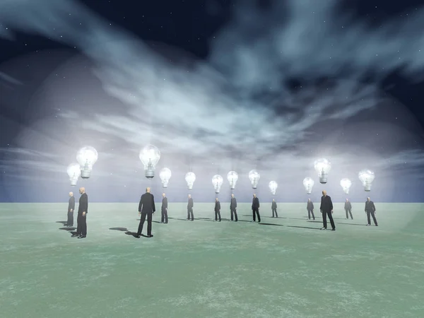 Surrealistische Scene Mannen Met Heldere Lampen Boven Het Hoofd Rendering — Stockfoto